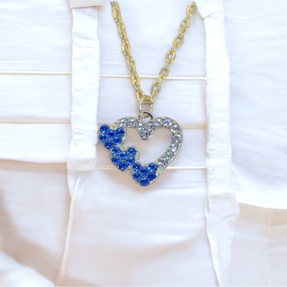 Heart Blue & Clear Crystal Gold Plated Necklace Hearts, Love, & Valentine